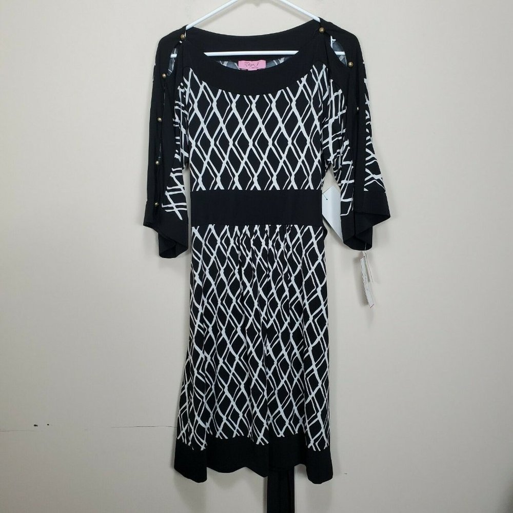 Eliza J Dress 8 Womens Black White Geometric Boat Neck Split Kimono Sleeves NWT